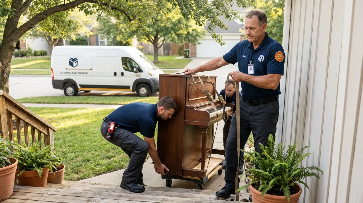 Licensed piano movers securing grand piano in Allentown, NJ