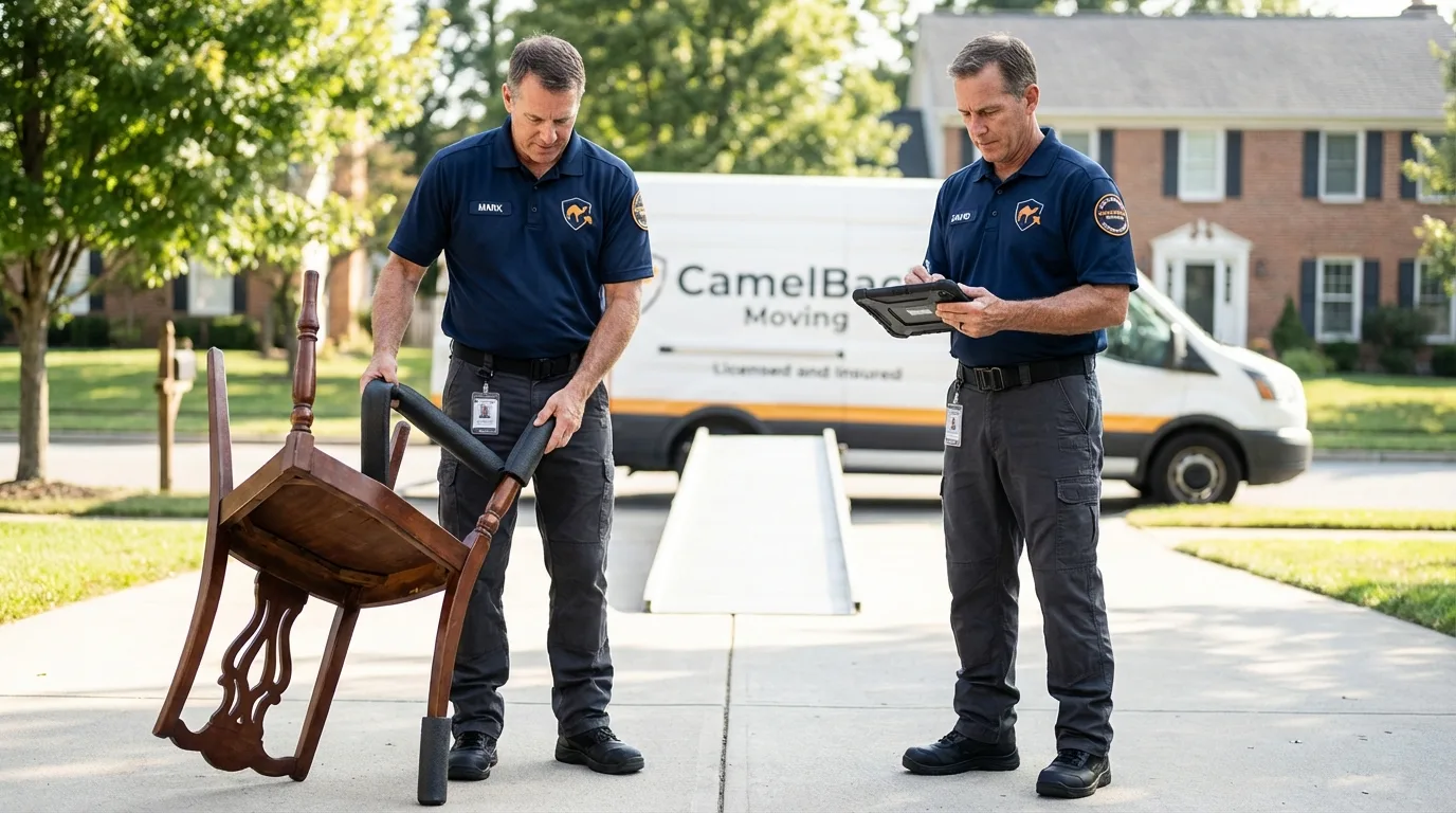 Movers inspecting furniture for damage prevention before loading in Allentown, NJ